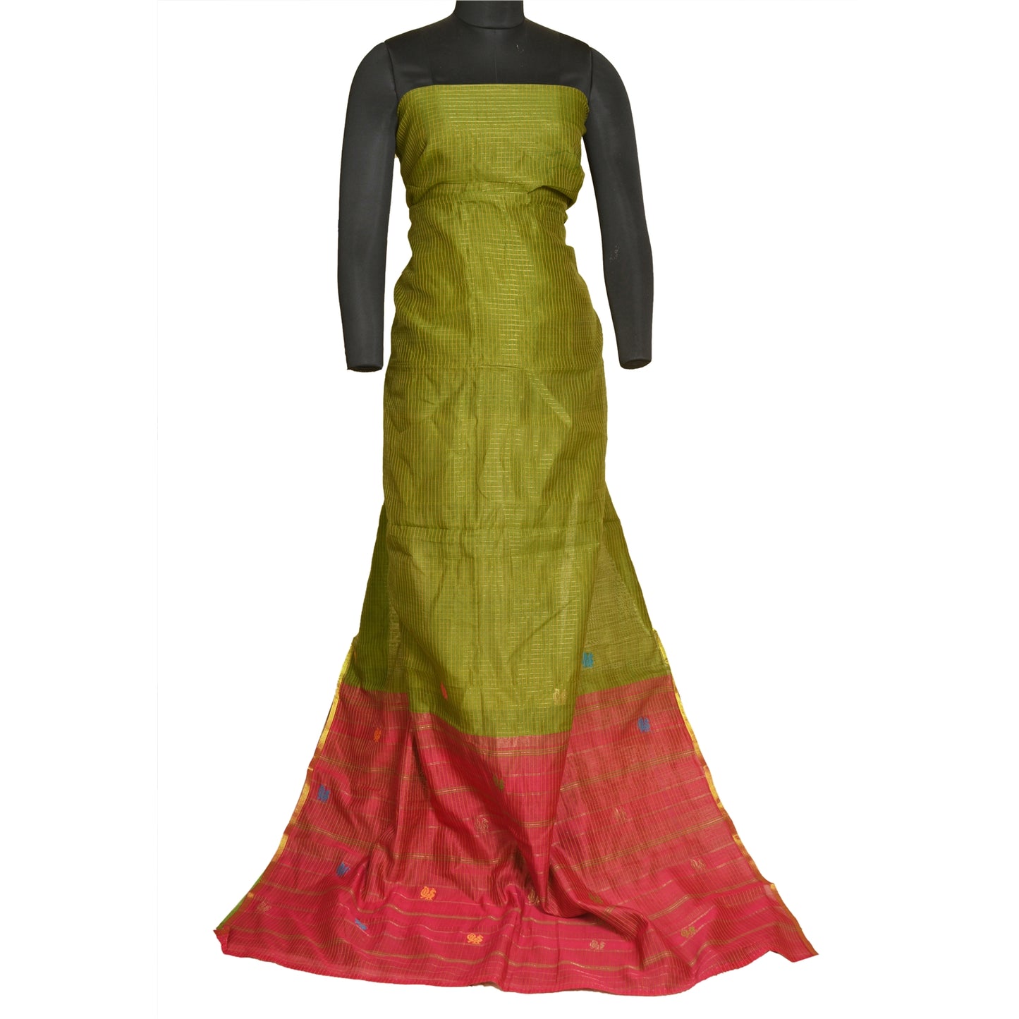 Сари Sanskriti Vintage Green/Red Sarees из смеси хлопка ручной работы, экологически чистая ткань для сари