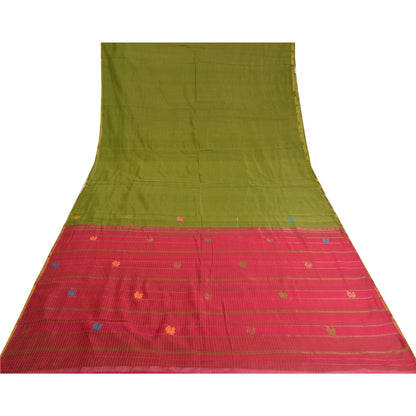 Сари Sanskriti Vintage Green/Red Sarees из смеси хлопка ручной работы, экологически чистая ткань для сари