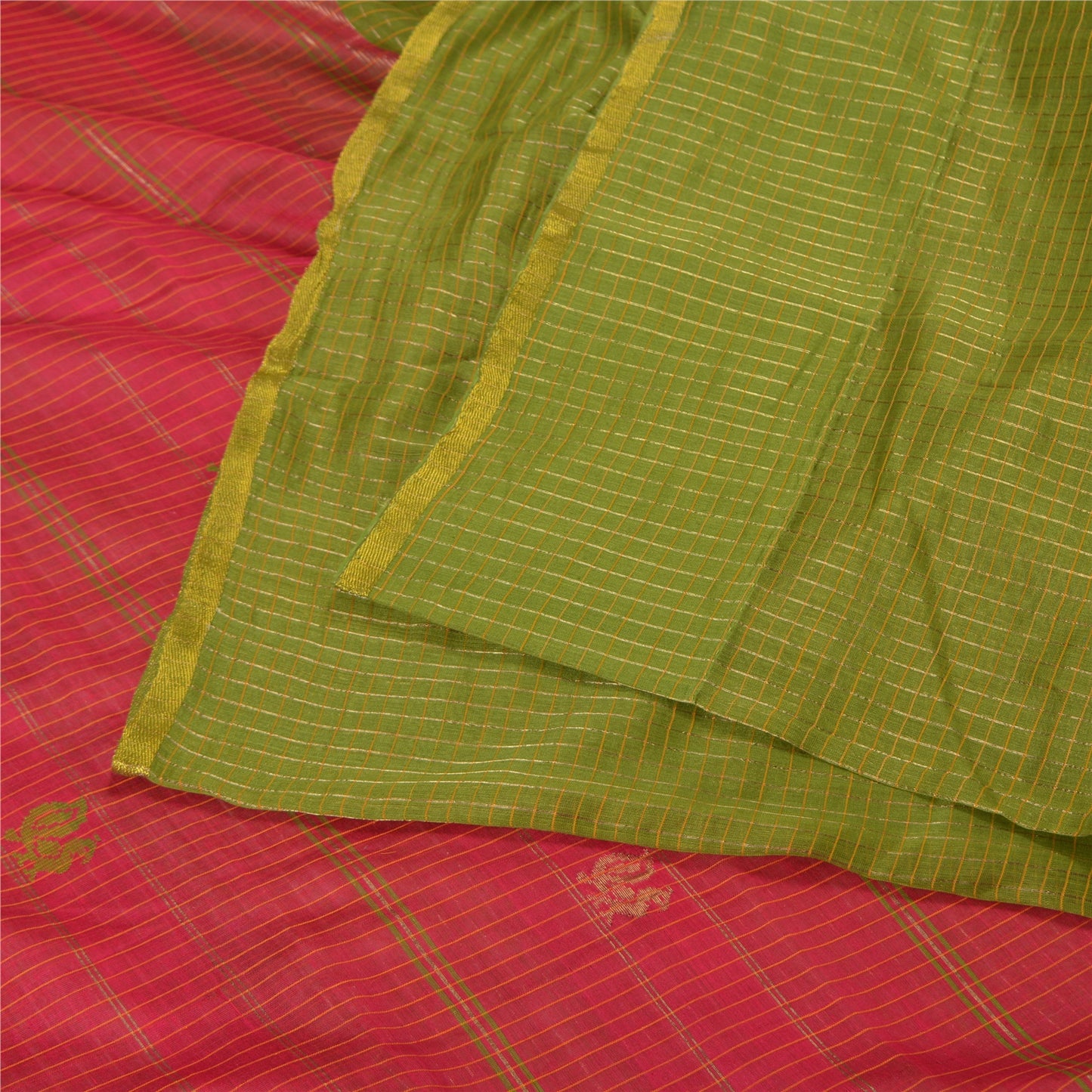 Сари Sanskriti Vintage Green/Red Sarees из смеси хлопка ручной работы, экологически чистая ткань для сари