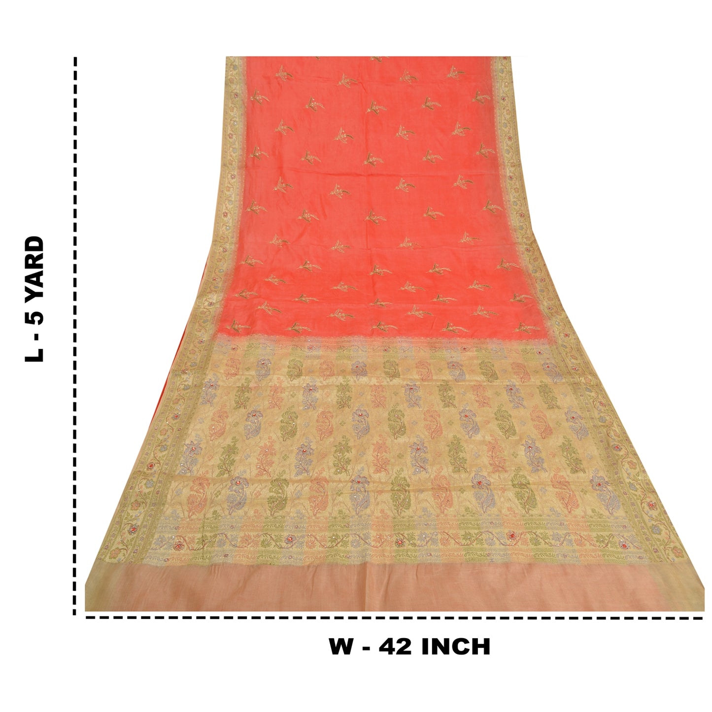 Sanskriti Vintage Peach/Cream Sarees Pure Silk Hand Beaded Woven Sari Sustainable Fabric