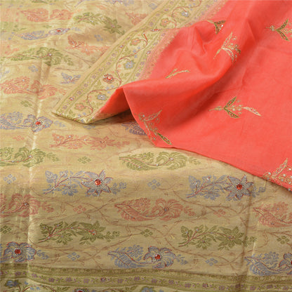 Sanskriti Vintage Peach/Cream Sarees Pure Silk Hand Beaded Woven Sari Sustainable Fabric
