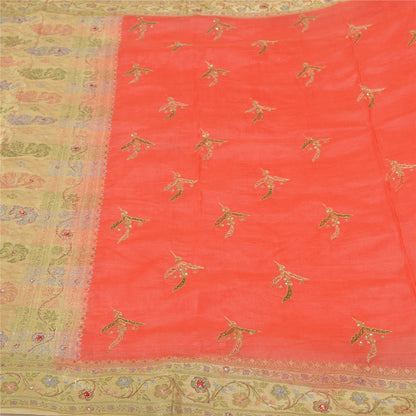 Sanskriti Vintage Peach/Cream Sarees Pure Silk Hand Beaded Woven Sari Sustainable Fabric