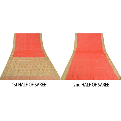 Sanskriti Vintage Peach/Cream Sarees Pure Silk Hand Beaded Woven Sari Sustainable Fabric