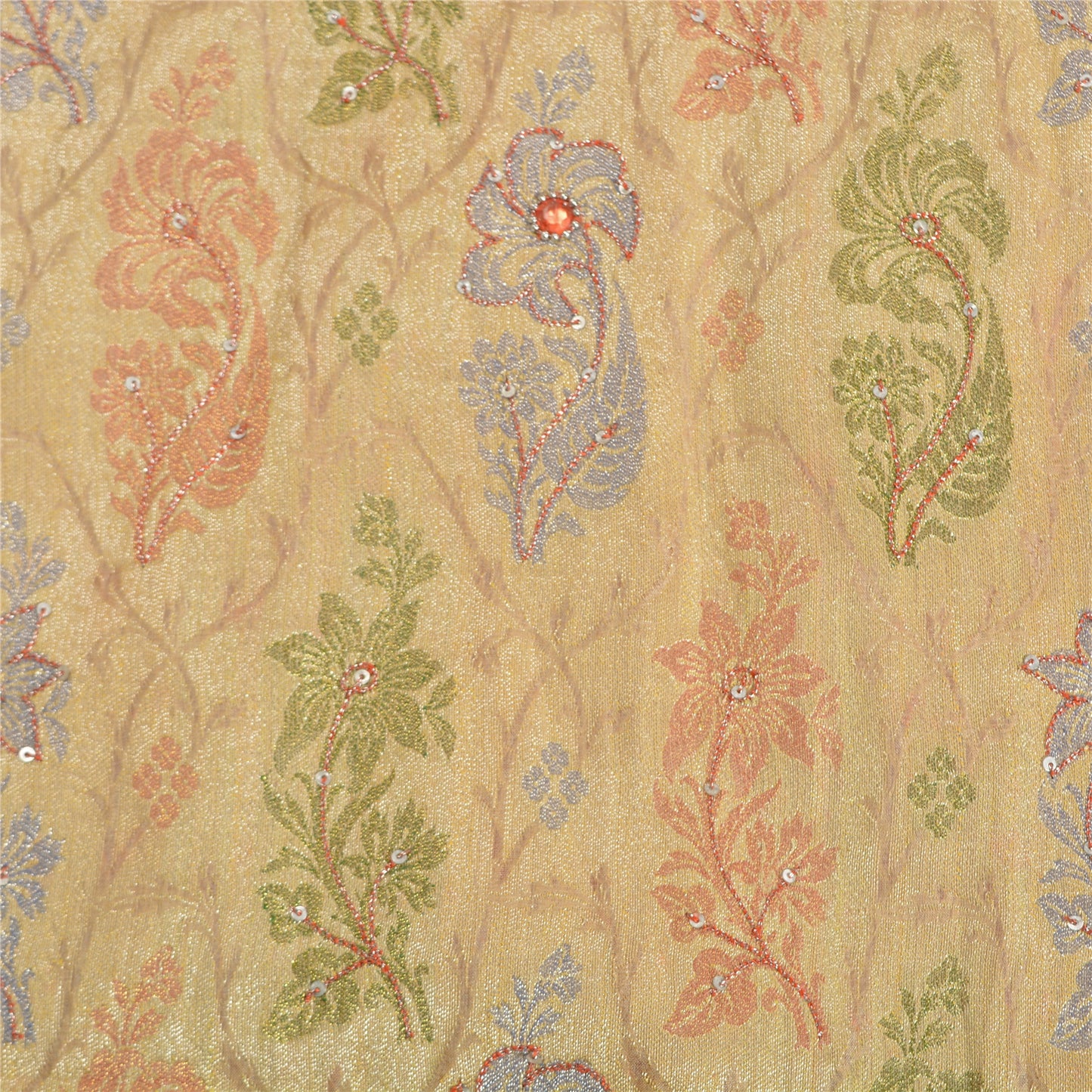 Sanskriti Vintage Peach/Cream Sarees Pure Silk Hand Beaded Woven Sari Sustainable Fabric