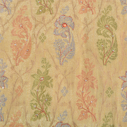 Sanskriti Vintage Peach/Cream Sarees Pure Silk Hand Beaded Woven Sari Sustainable Fabric