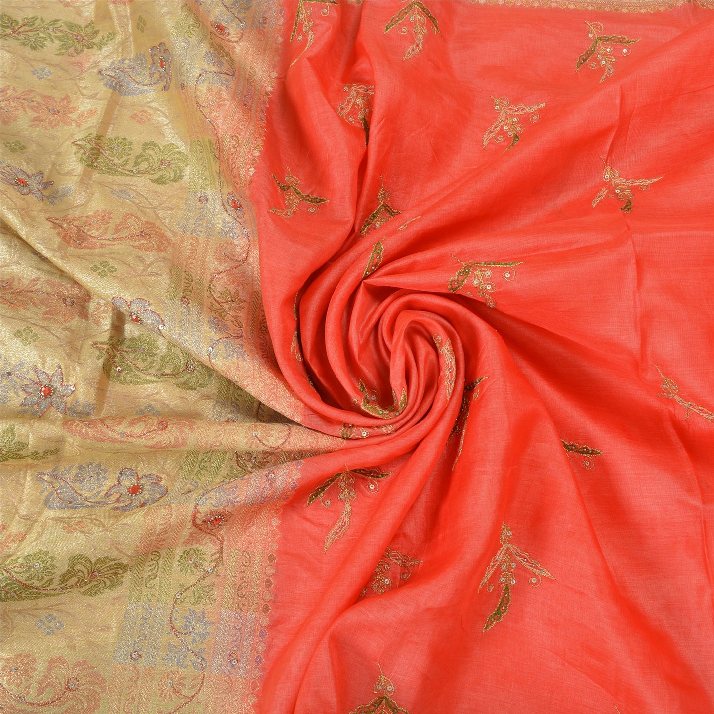 Sanskriti Vintage Peach/Cream Sarees Pure Silk Hand Beaded Woven Sari Sustainable Fabric