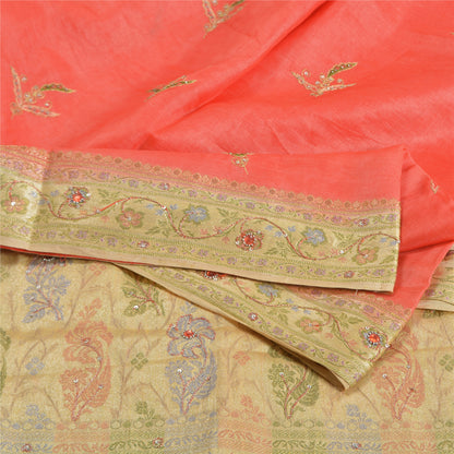 Sanskriti Vintage Peach/Cream Sarees Pure Silk Hand Beaded Woven Sari Sustainable Fabric