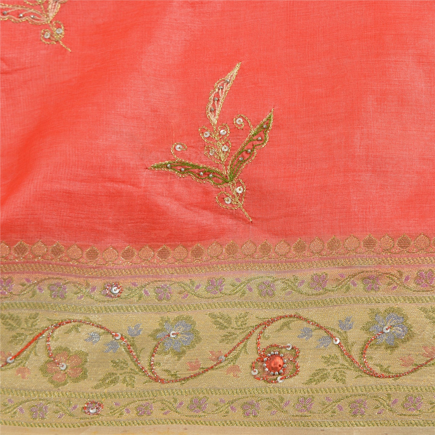 Sanskriti Vintage Peach/Cream Sarees Pure Silk Hand Beaded Woven Sari Sustainable Fabric