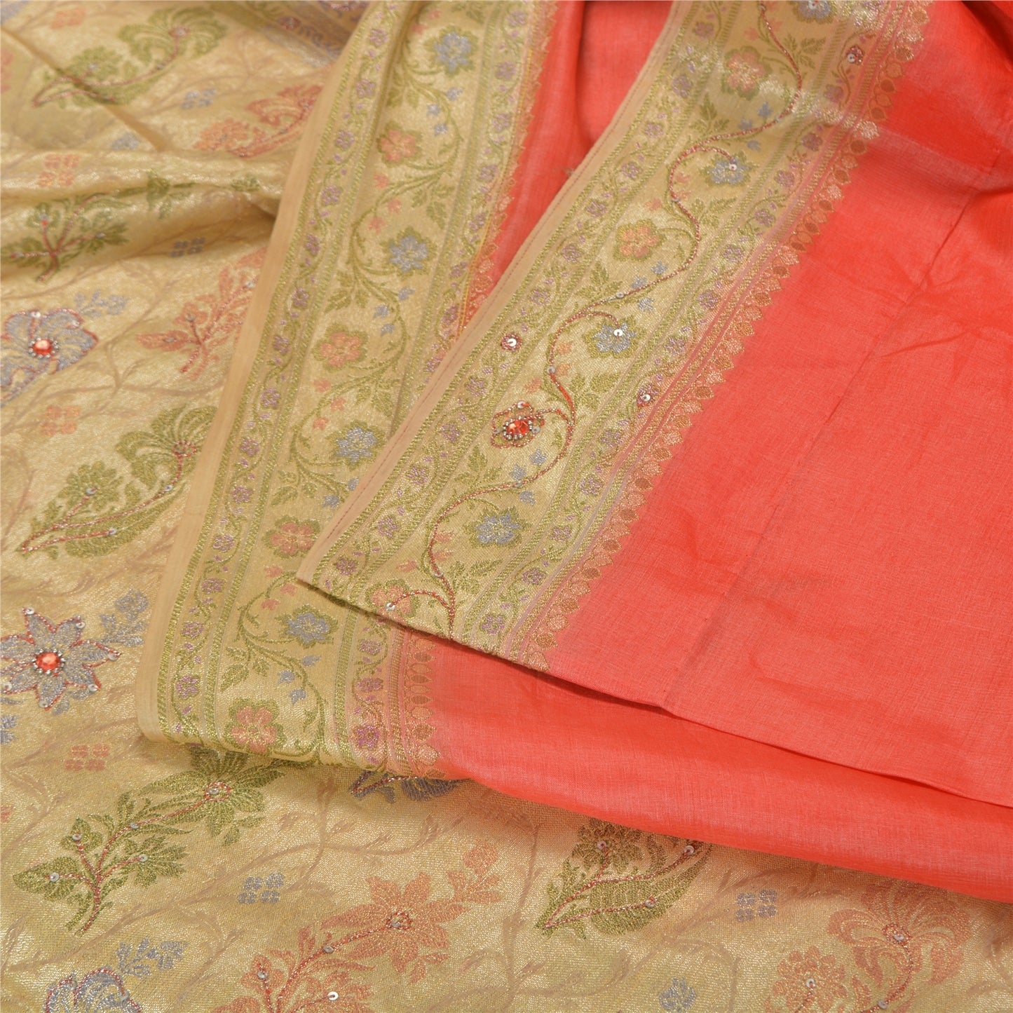 Sanskriti Vintage Peach/Cream Sarees Pure Silk Hand Beaded Woven Sari Sustainable Fabric