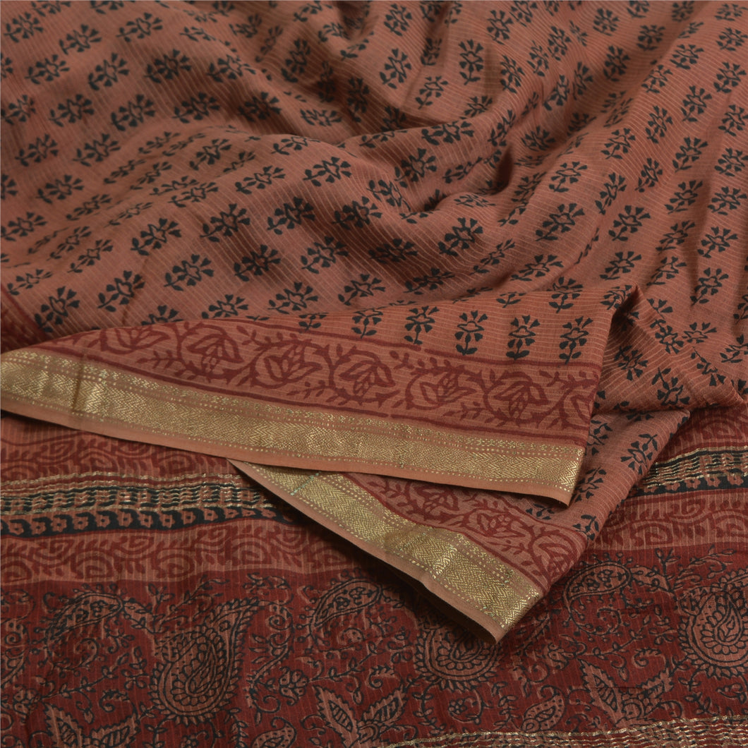 Sanskriti Vintage Brown Sarees Pure Cotton Hand-Block Print Premium Sari Fabric