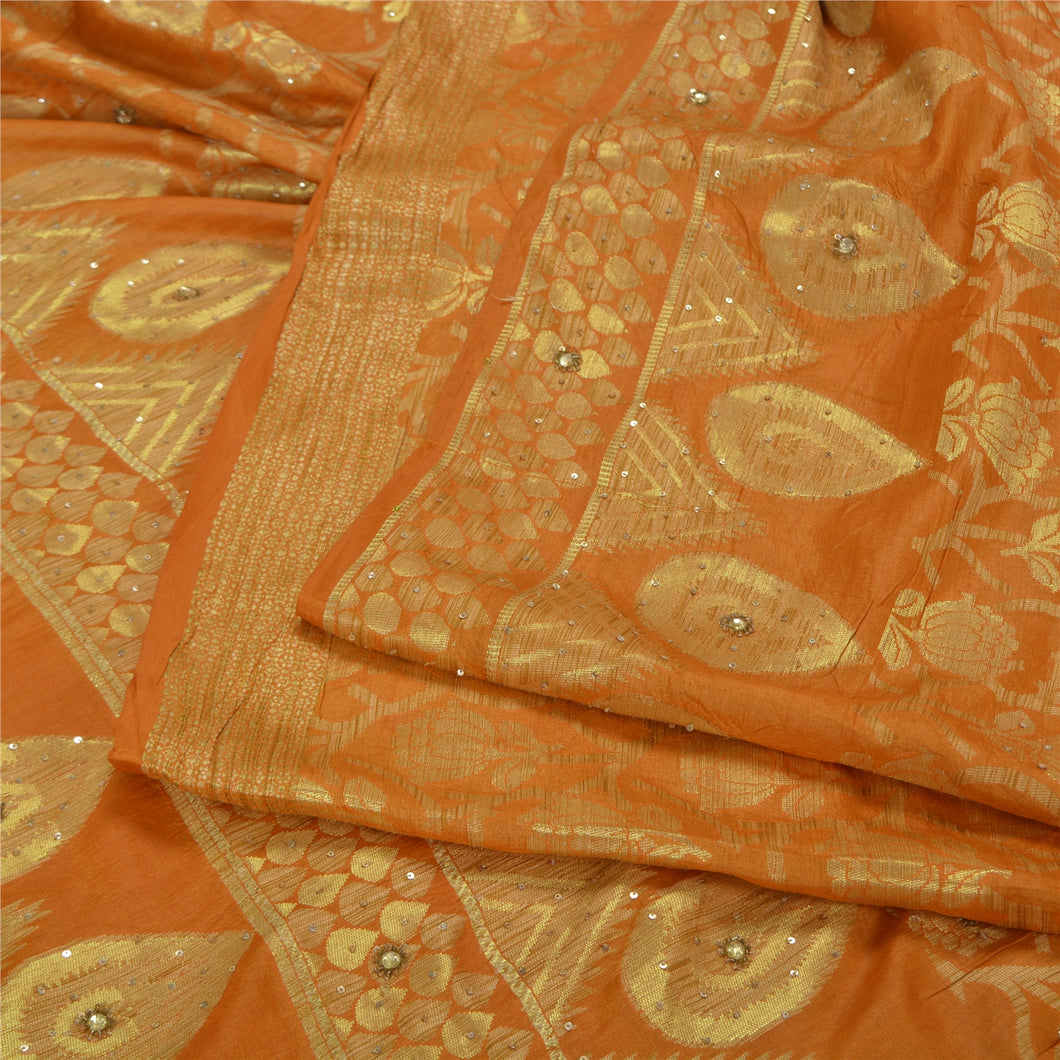 Sanskriti Vintage Saffron Sarees Pure Silk Hand Beaded Woven Premium Sari Fabric