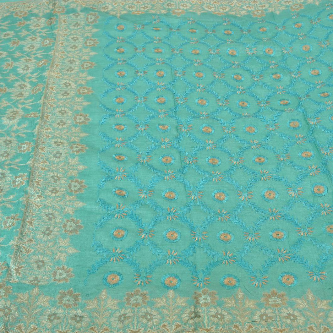 Sanskriti Vintage Turquoise Sarees Pure Silk Woven Premium Sari Craft Fabric