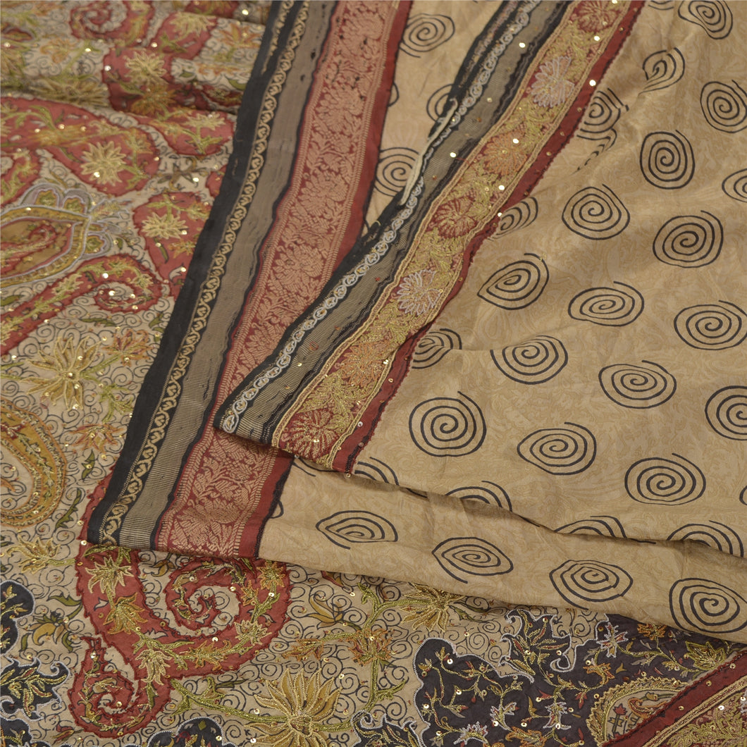 Sanskriti Vintage Brown/Black Sarees Pure Silk Hand Beaded Premium Sari Fabric