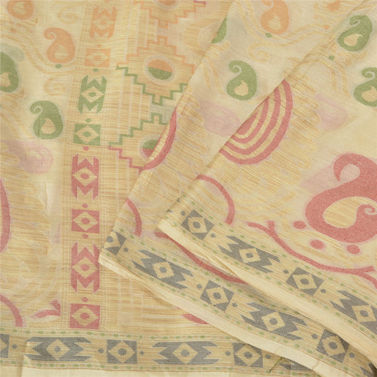 Sanskriti Vintage Ivory Indian Sarees 100% Pure Silk Woven Zari Sari 5 YD Sustainable Fabric