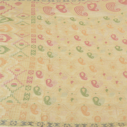 Sanskriti Vintage Ivory Indian Sarees 100% Pure Silk Woven Zari Sari 5 YD Sustainable Fabric