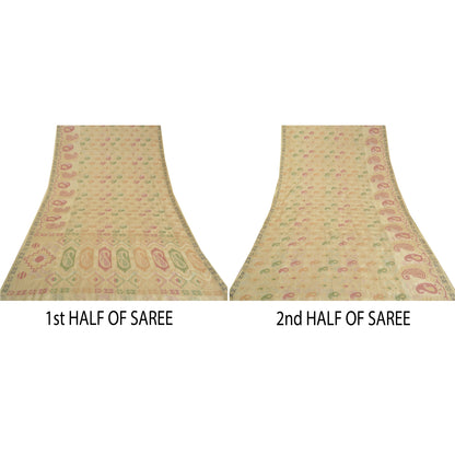 Sanskriti Vintage Ivory Indian Sarees 100% Pure Silk Woven Zari Sari 5 YD Sustainable Fabric
