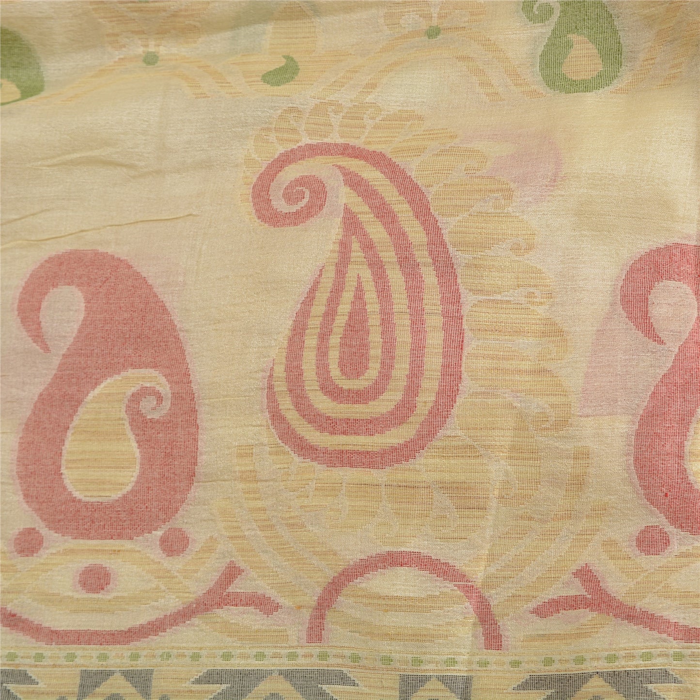 Sanskriti Vintage Ivory Indian Sarees 100% Pure Silk Woven Zari Sari 5 YD Sustainable Fabric