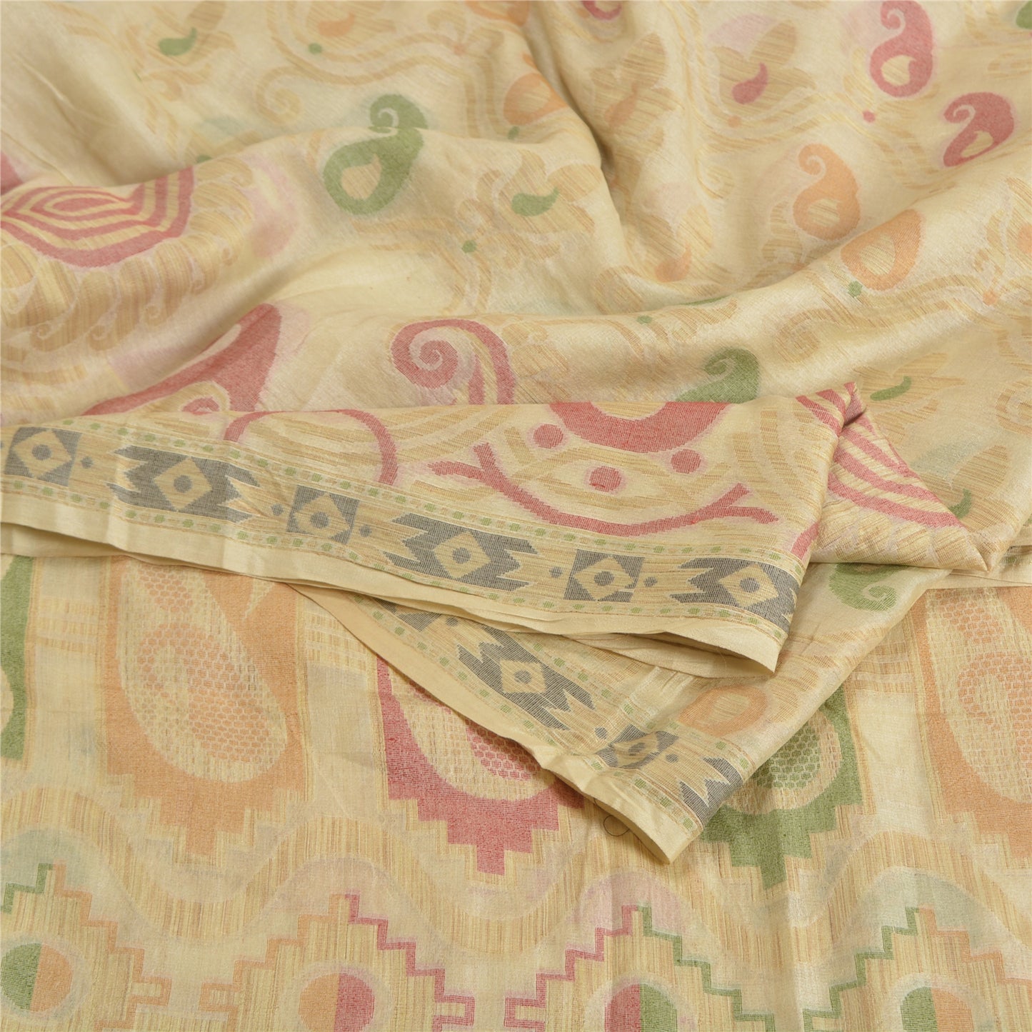 Sanskriti Vintage Ivory Indian Sarees 100% Pure Silk Woven Zari Sari 5 YD Sustainable Fabric