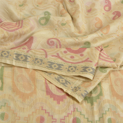 Sanskriti Vintage Ivory Indian Sarees 100% Pure Silk Woven Zari Sari 5 YD Sustainable Fabric