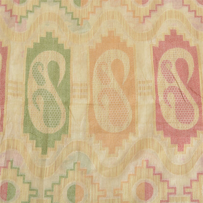 Sanskriti Vintage Ivory Indian Sarees 100% Pure Silk Woven Zari Sari 5 YD Sustainable Fabric