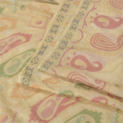 Sanskriti Vintage Ivory Indian Sarees 100% Pure Silk Woven Zari Sari 5 YD Sustainable Fabric