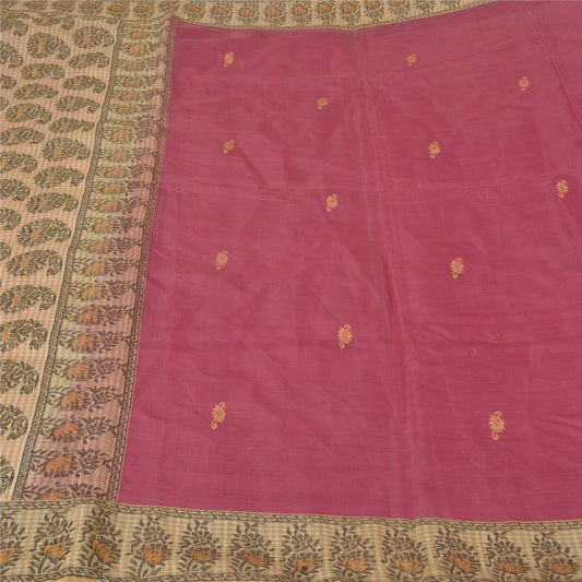 Sanskriti Vintage Cream/Purple Indian Sarees Cotton Silk Woven Sari 5 YD Sustainable Fabric
