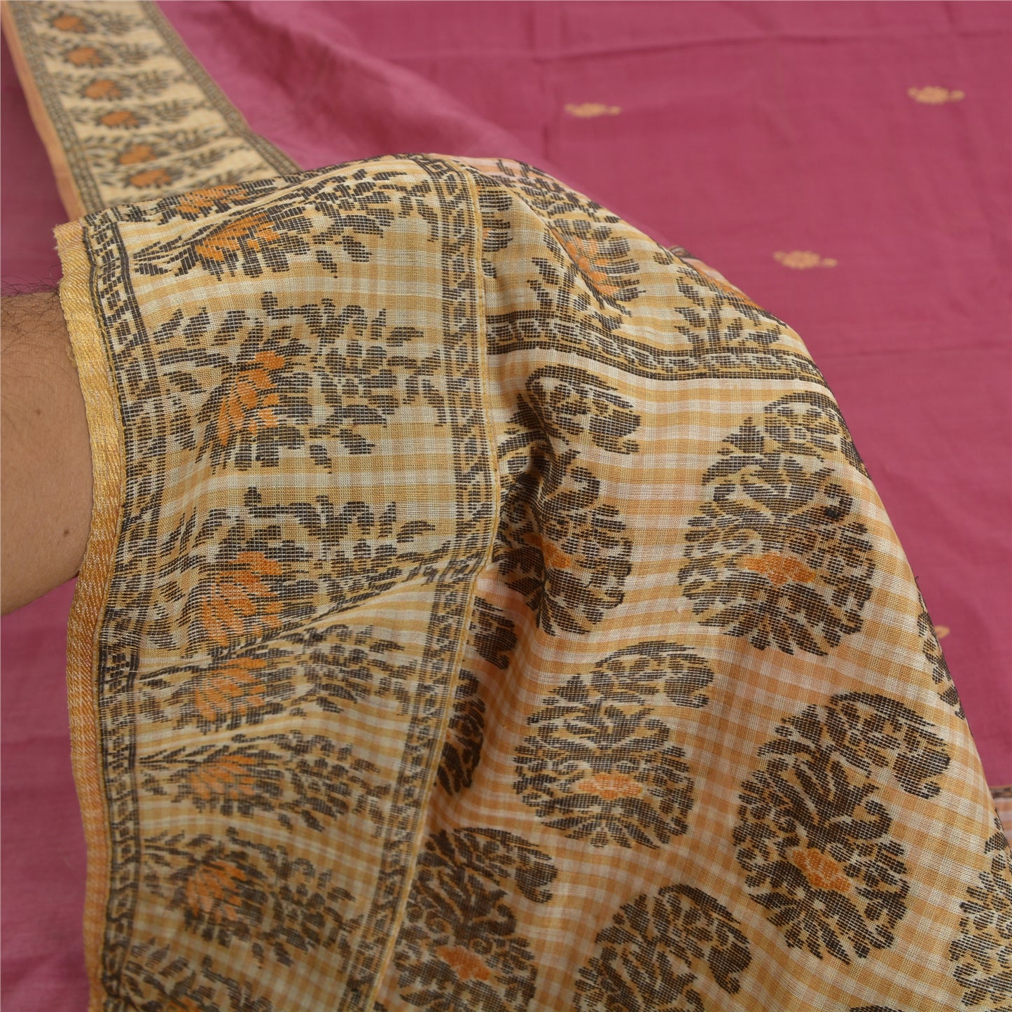 Sanskriti Vintage Cream/Purple Indian Sarees Cotton Silk Woven Sari 5 YD Sustainable Fabric