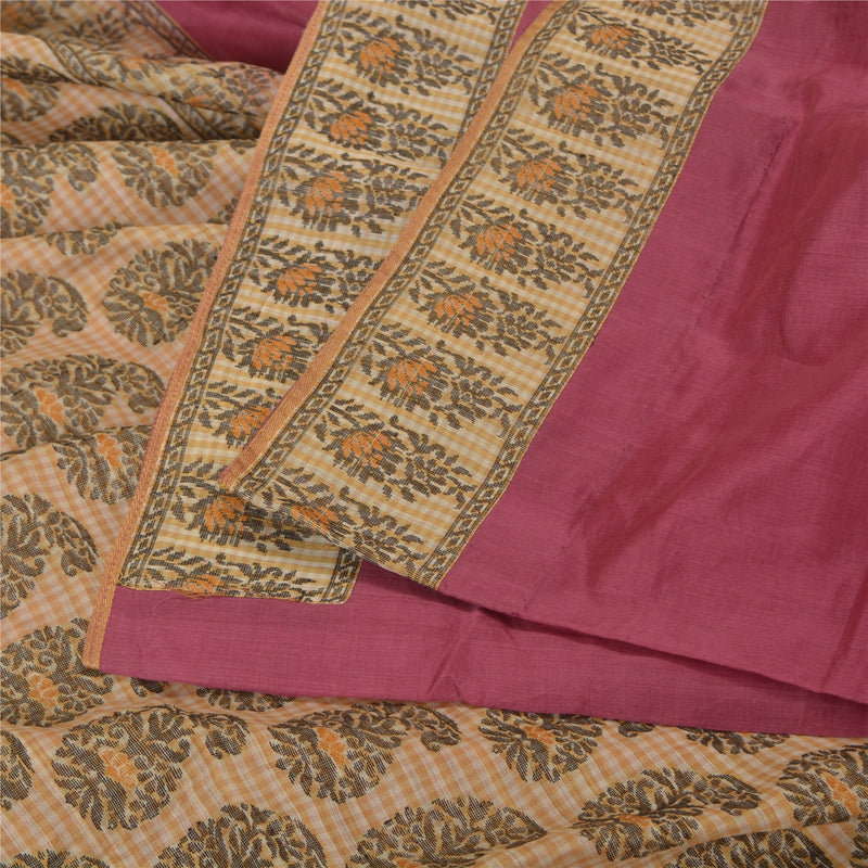 Sanskriti Vintage Cream/Purple Indian Sarees Cotton Silk Woven Sari 5 YD Sustainable Fabric