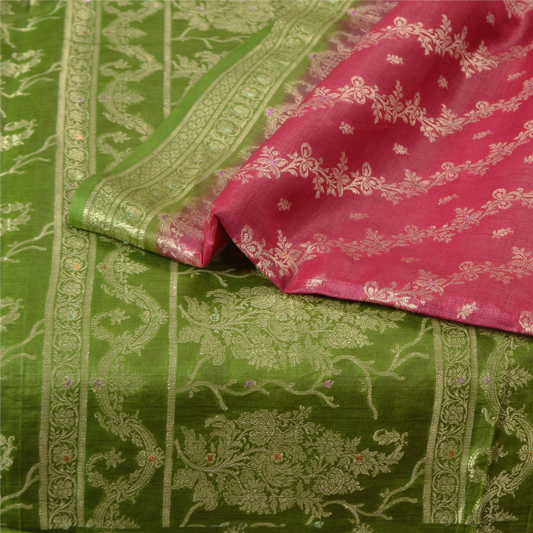 Sanskriti Vintage Green/Dark Red Sarees 100% Pure Silk Woven Sari Crat Fabric