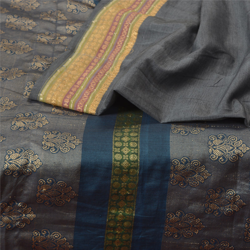 Sanskriti Vintage Grey Blend Silk Sari Fabric - 5yd Indian Woven Material Design- Dresses, Kaftans, Skirts, or Blouses, Projects Remnant Fabric