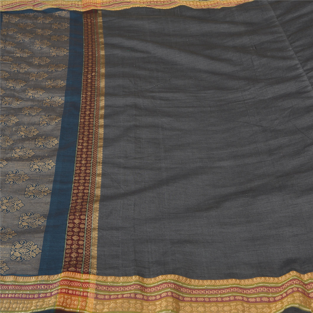 Sanskriti Vintage Grey Indian Sarees Blend Silk Woven Premium Sari Craft Fabric