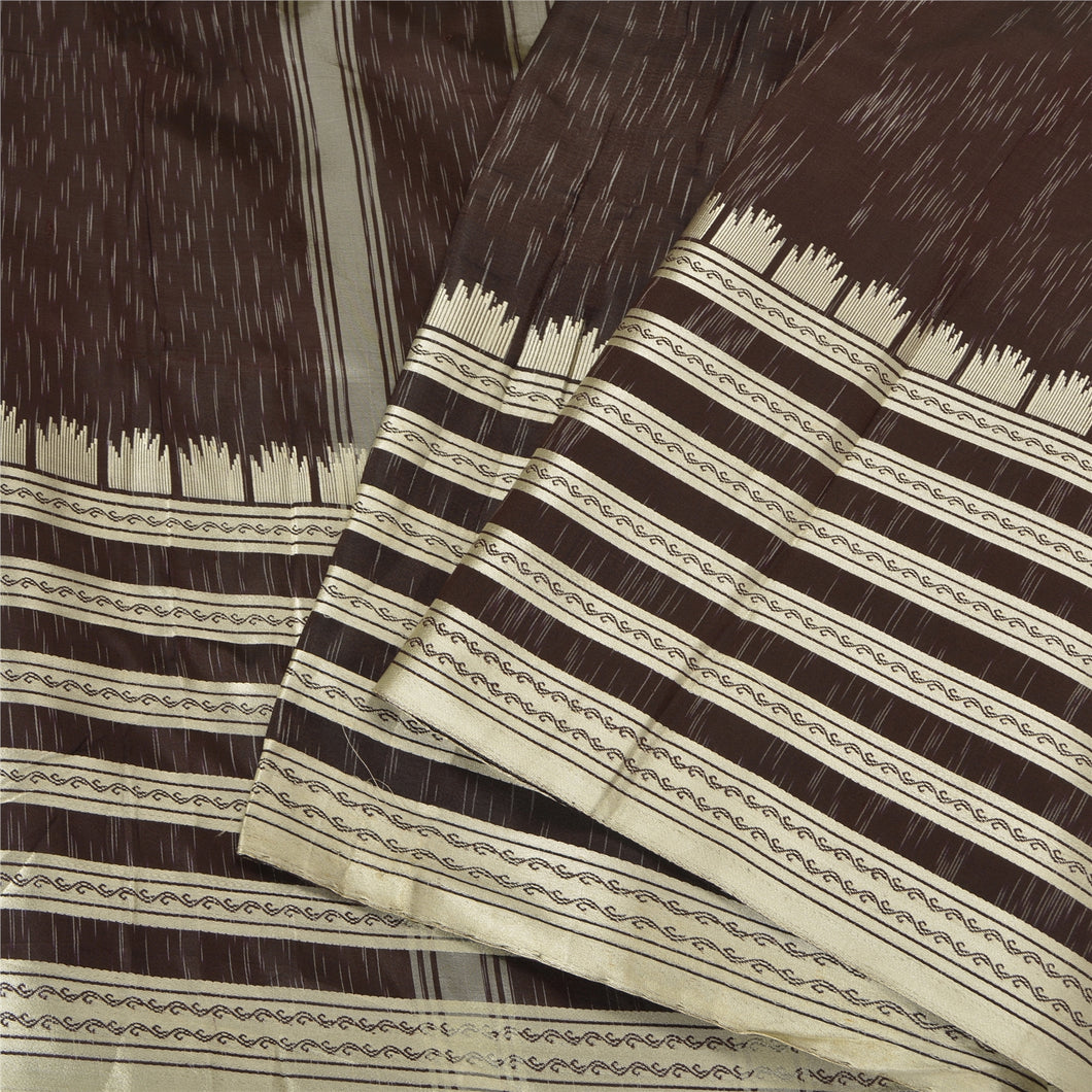 Sanskriti Vintage Dark Brown Sarees 100% Pure Silk Woven Sari Craft 5 YD Fabric