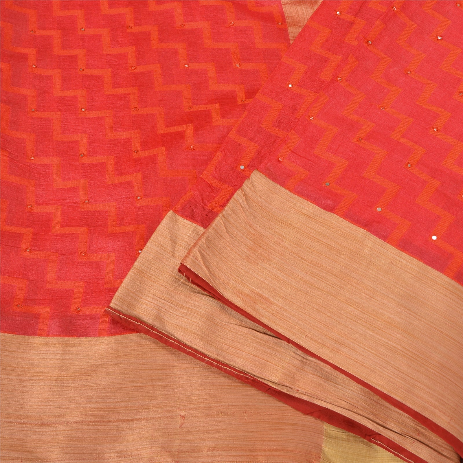 Sanskriti Vintage Hand Embroidered Red Pure Silk Sari - 5yd Woven Mirror Work Craft Fabric Add-Elegance to Table Linen, Curtains, or Cushions