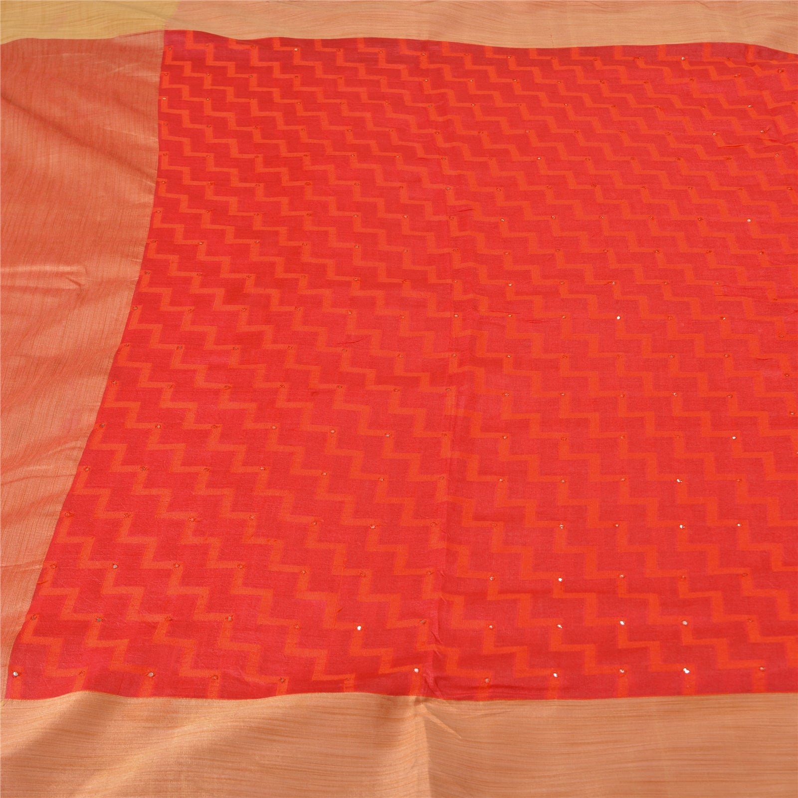 Sanskriti Vintage Hand Embroidered Red Pure Silk Sari - 5yd Woven Mirror Work Craft Fabric Add-Elegance to Table Linen, Curtains, or Cushions
