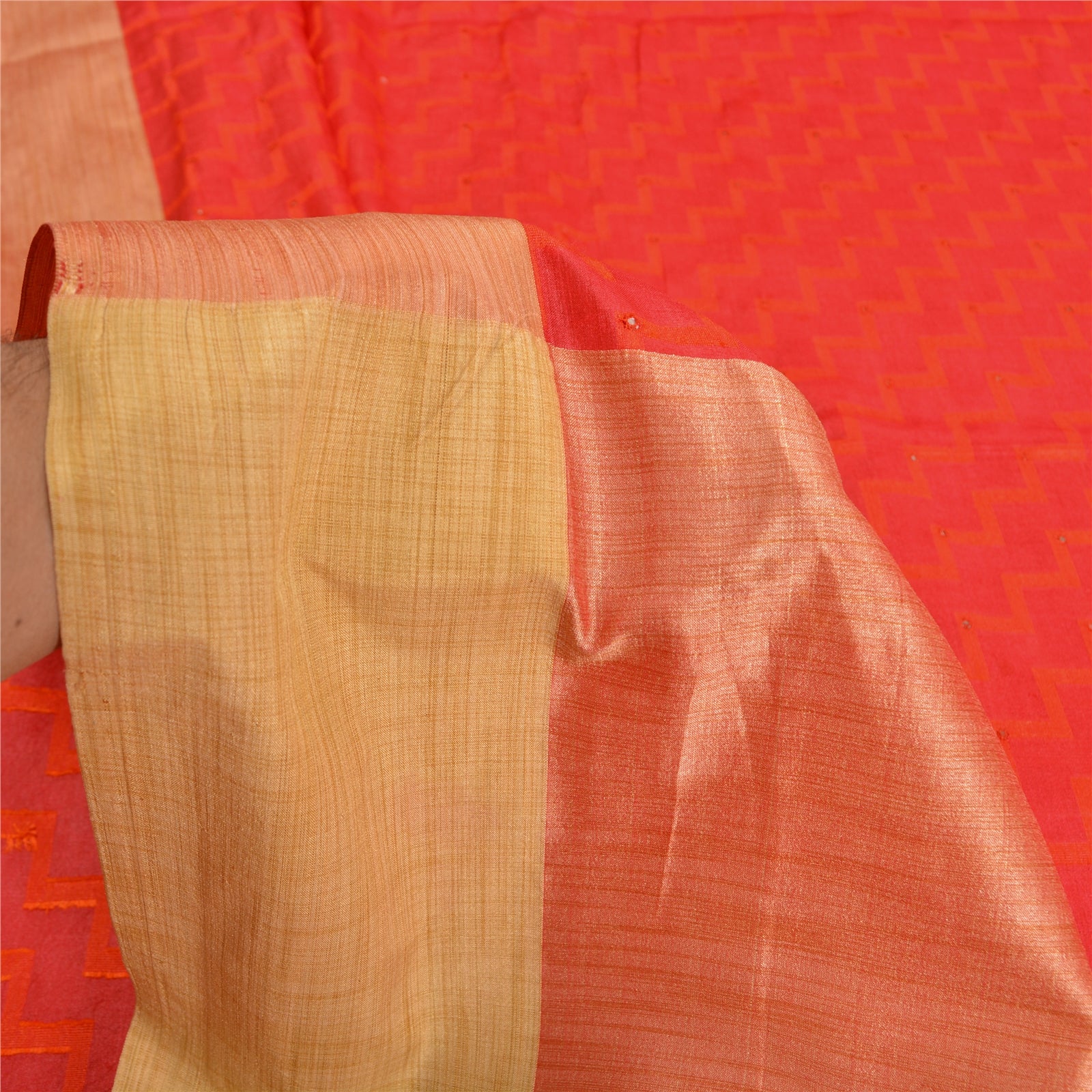 Sanskriti Vintage Hand Embroidered Red Pure Silk Sari - 5yd Woven Mirror Work Craft Fabric Add-Elegance to Table Linen, Curtains, or Cushions