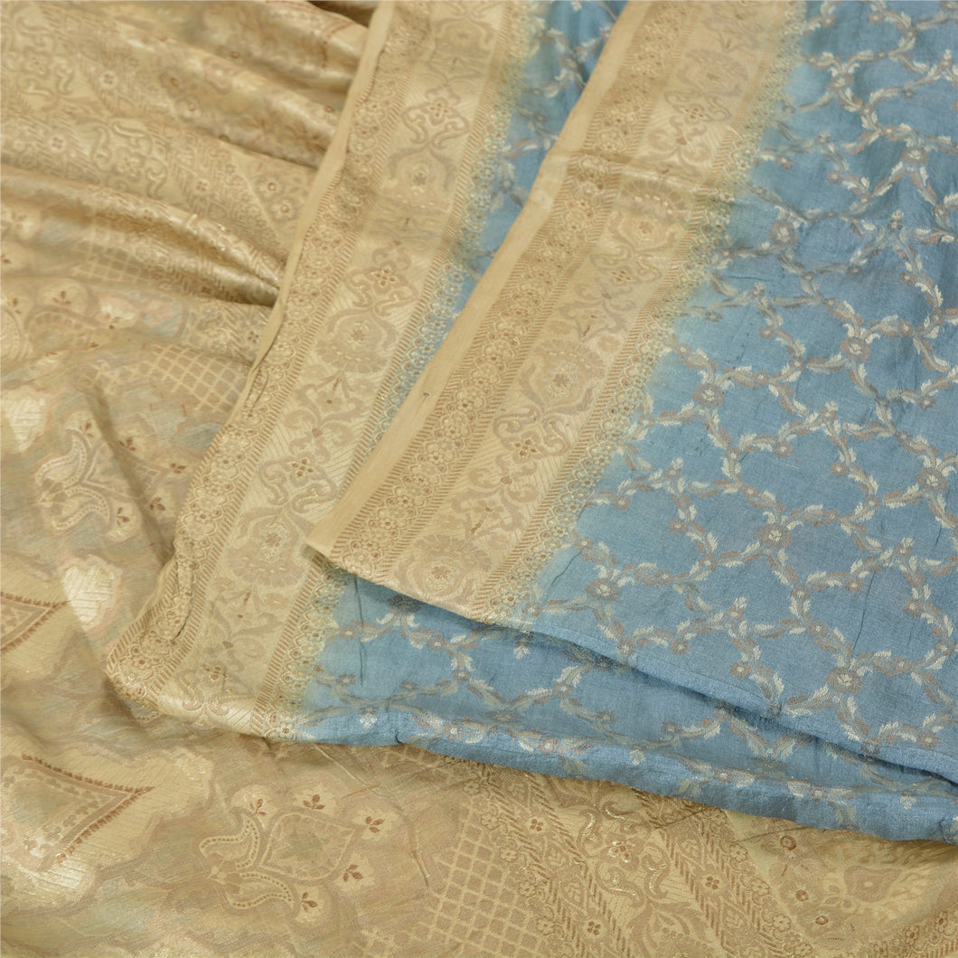 Sanskriti Vintage Ivory/Blue Indian Sarees 100% Pure Silk Woven Sari 5 YD Fabric
