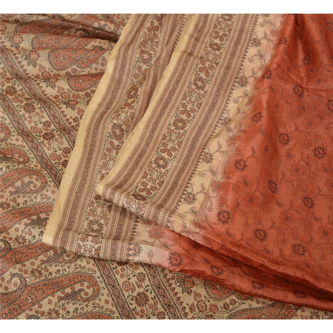 Sanskriti Vintage Burnt Orange/Cream Sarees 100% Pure Silk Woven Sari Fabric