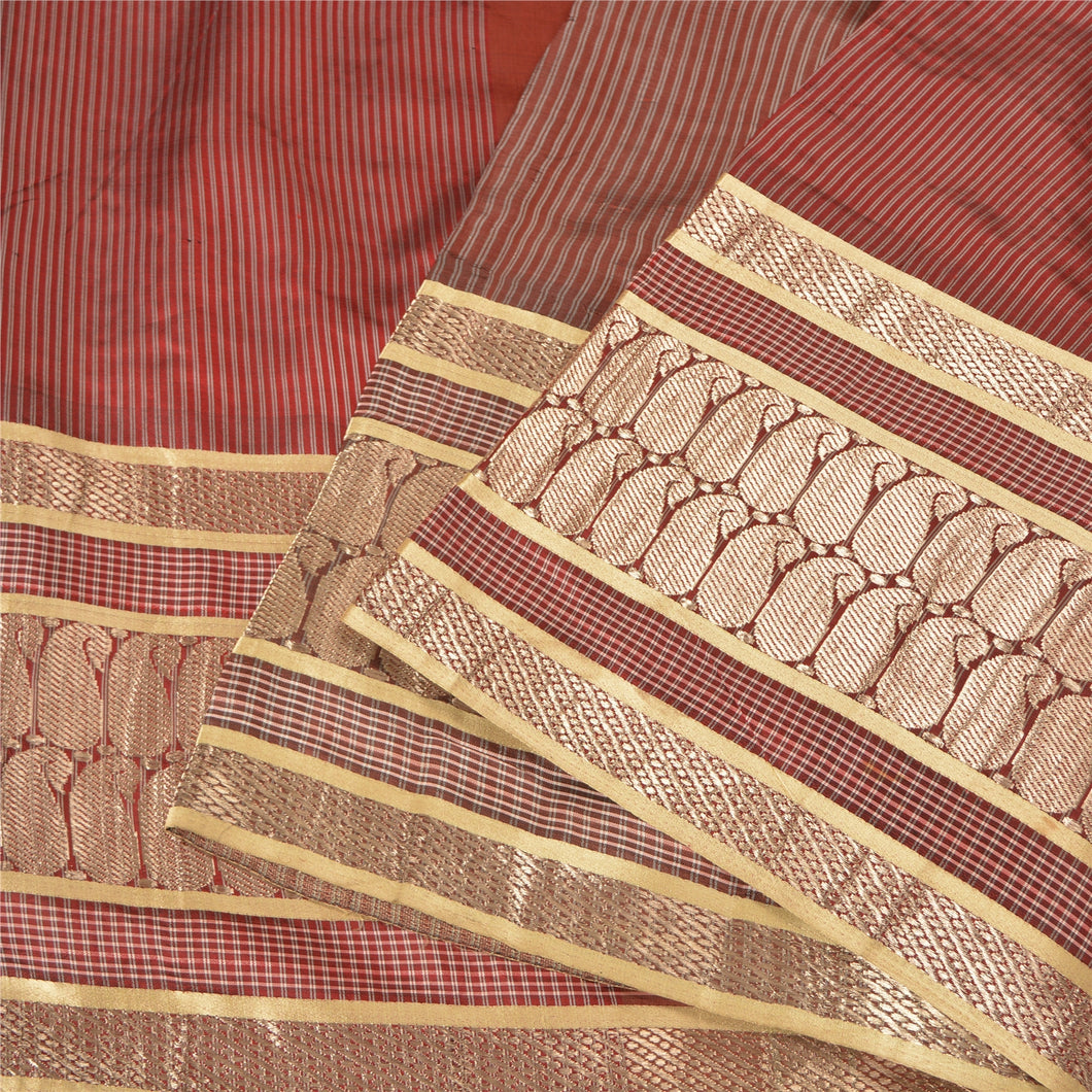 Sanskriti Vintage Dark Red Sarees 100% Pure Silk Woven Brocade Zari Sari Fabric