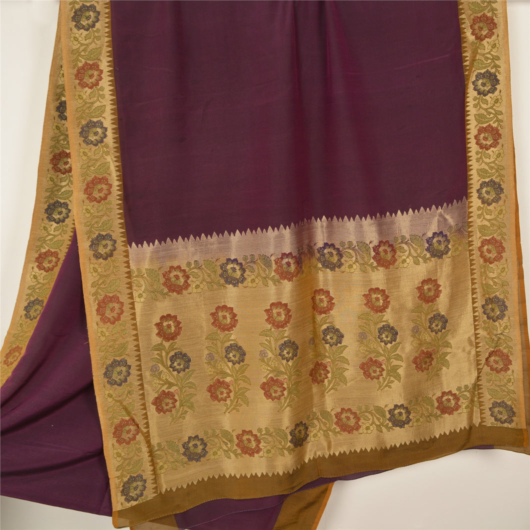 Sanskriti Vintage Purple/Golden Sarees Pure Silk Woven Premium Sari Craft Fabric
