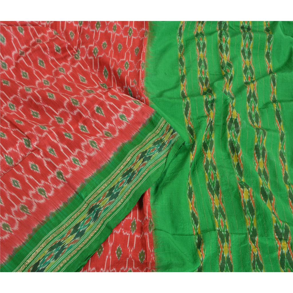 Sanskriti Vintage Saree Red Sambhalpuri Hand Woven Ikat Pure Silk Sari Sustainable Fabric