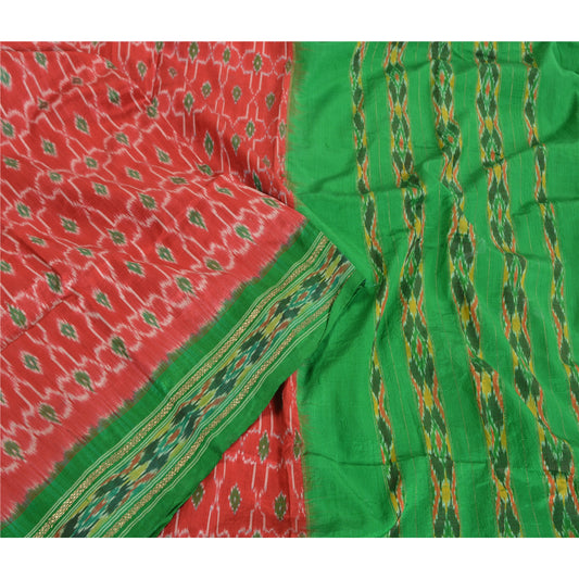 Sanskriti Vintage Saree Red Sambhalpuri Hand Woven Ikat Pure Silk Sari Sustainable Fabric