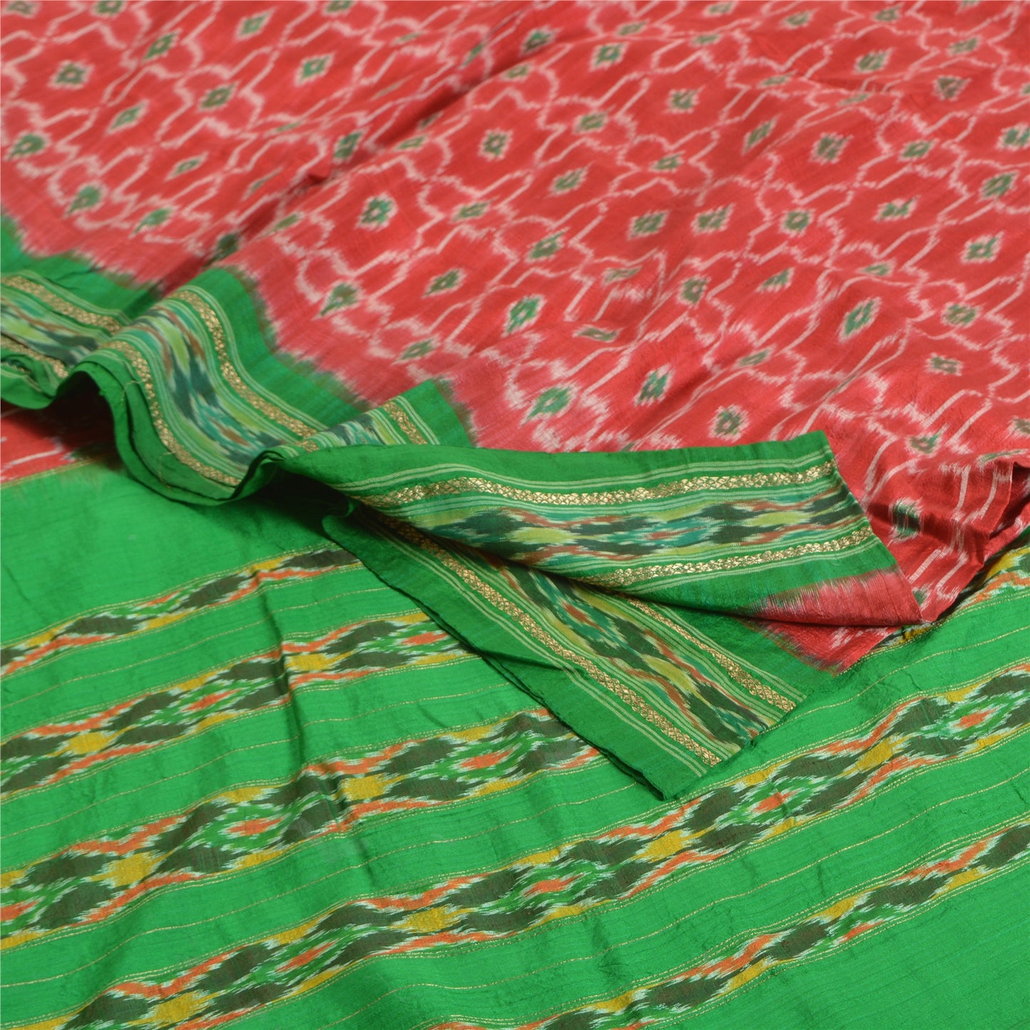 Sanskriti Vintage Saree Red Sambhalpuri Hand Woven Ikat Pure Silk Sari Sustainable Fabric