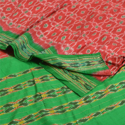 Sanskriti Vintage Saree Red Sambhalpuri Hand Woven Ikat Pure Silk Sari Sustainable Fabric