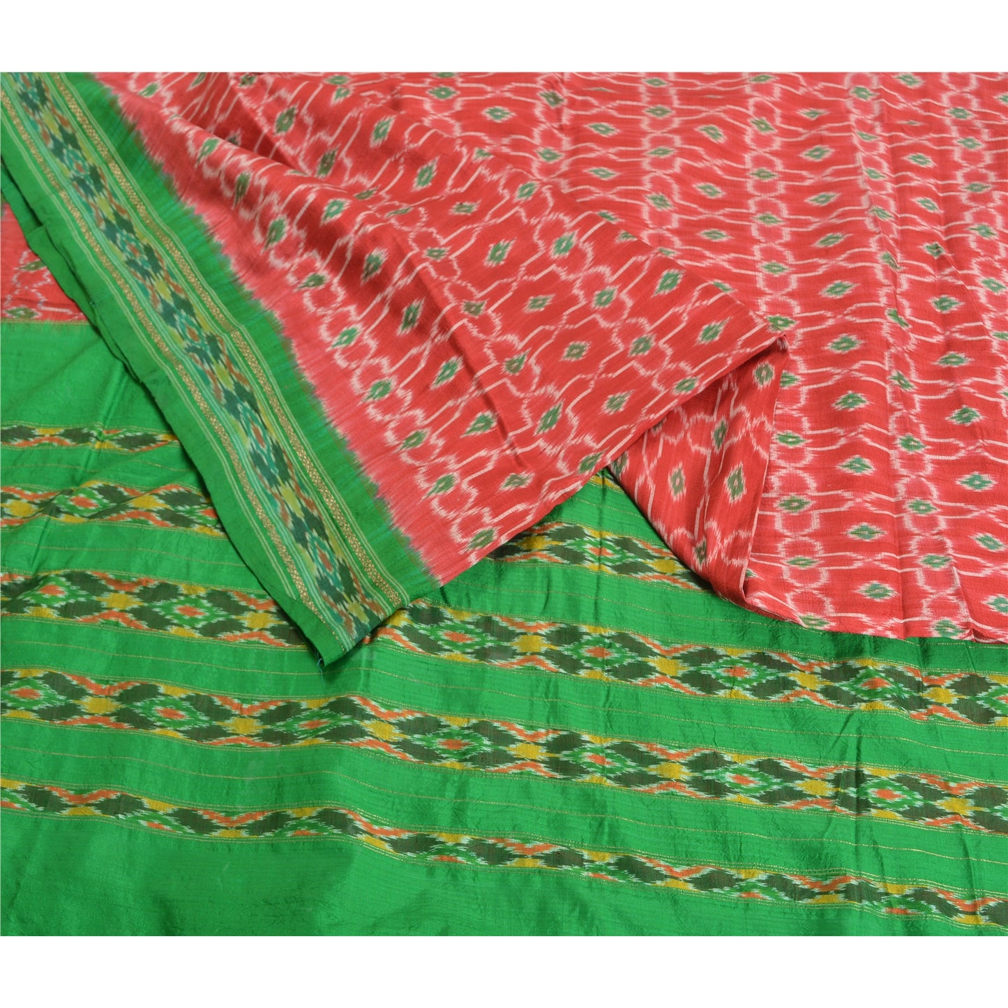 Sanskriti Vintage Saree Red Sambhalpuri Hand Woven Ikat Pure Silk Sari Sustainable Fabric