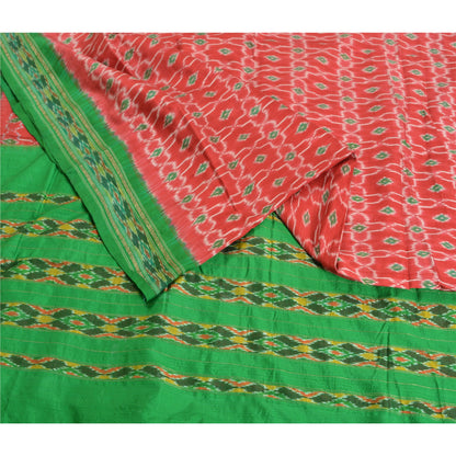 Sanskriti Vintage Saree Red Sambhalpuri Hand Woven Ikat Pure Silk Sari Sustainable Fabric