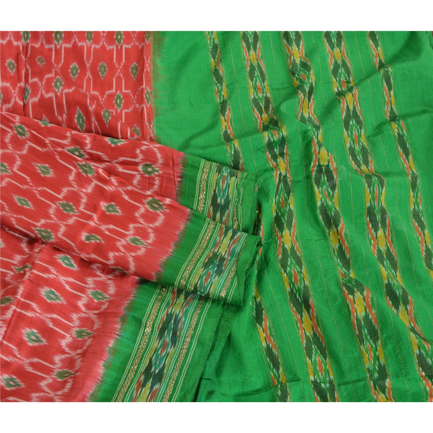 Sanskriti Vintage Saree Red Sambhalpuri Hand Woven Ikat Pure Silk Sari Sustainable Fabric