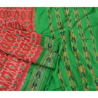 Sanskriti Vintage Saree Red Sambhalpuri Hand Woven Ikat Pure Silk Sari Sustainable Fabric