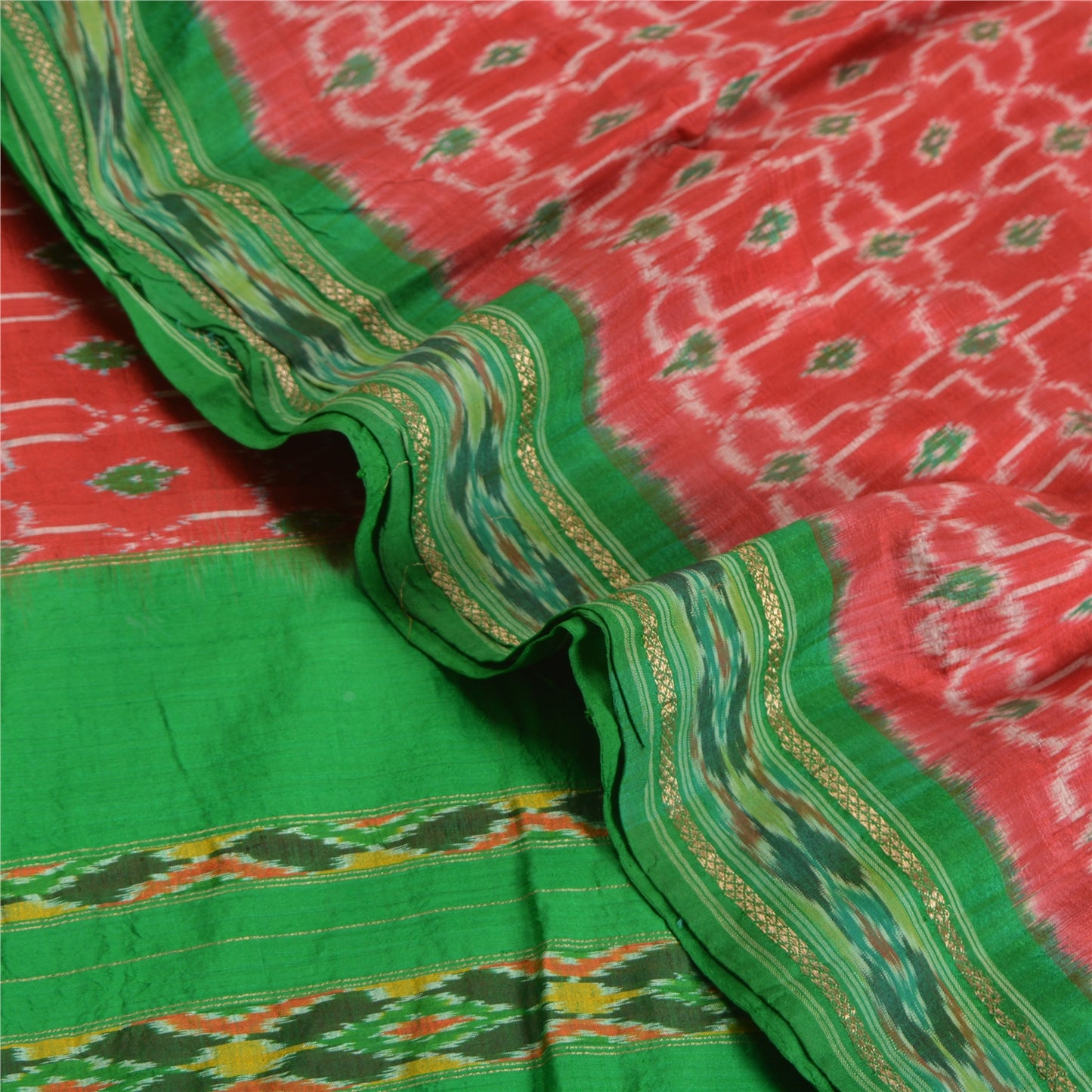 Sanskriti Vintage Saree Red Sambhalpuri Hand Woven Ikat Pure Silk Sari Sustainable Fabric