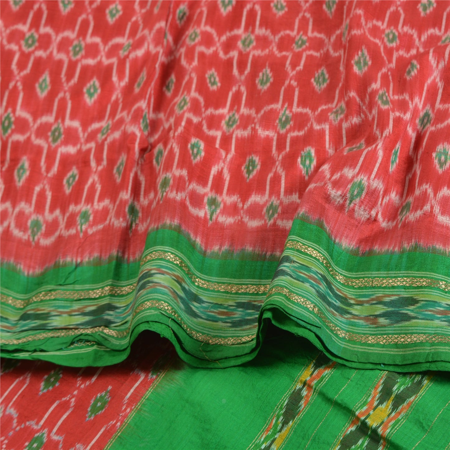 Sanskriti Vintage Saree Red Sambhalpuri Hand Woven Ikat Pure Silk Sari Sustainable Fabric