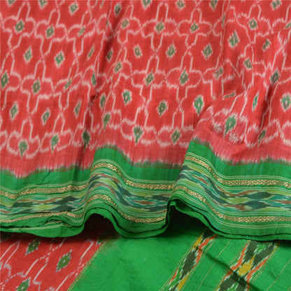 Sanskriti Vintage Saree Red Sambhalpuri Hand Woven Ikat Pure Silk Sari Sustainable Fabric